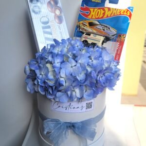 Box de hortensia con 1 HotWheels y chocolates.